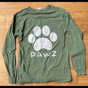 Pawz crew neck. Army green-camping scene on back